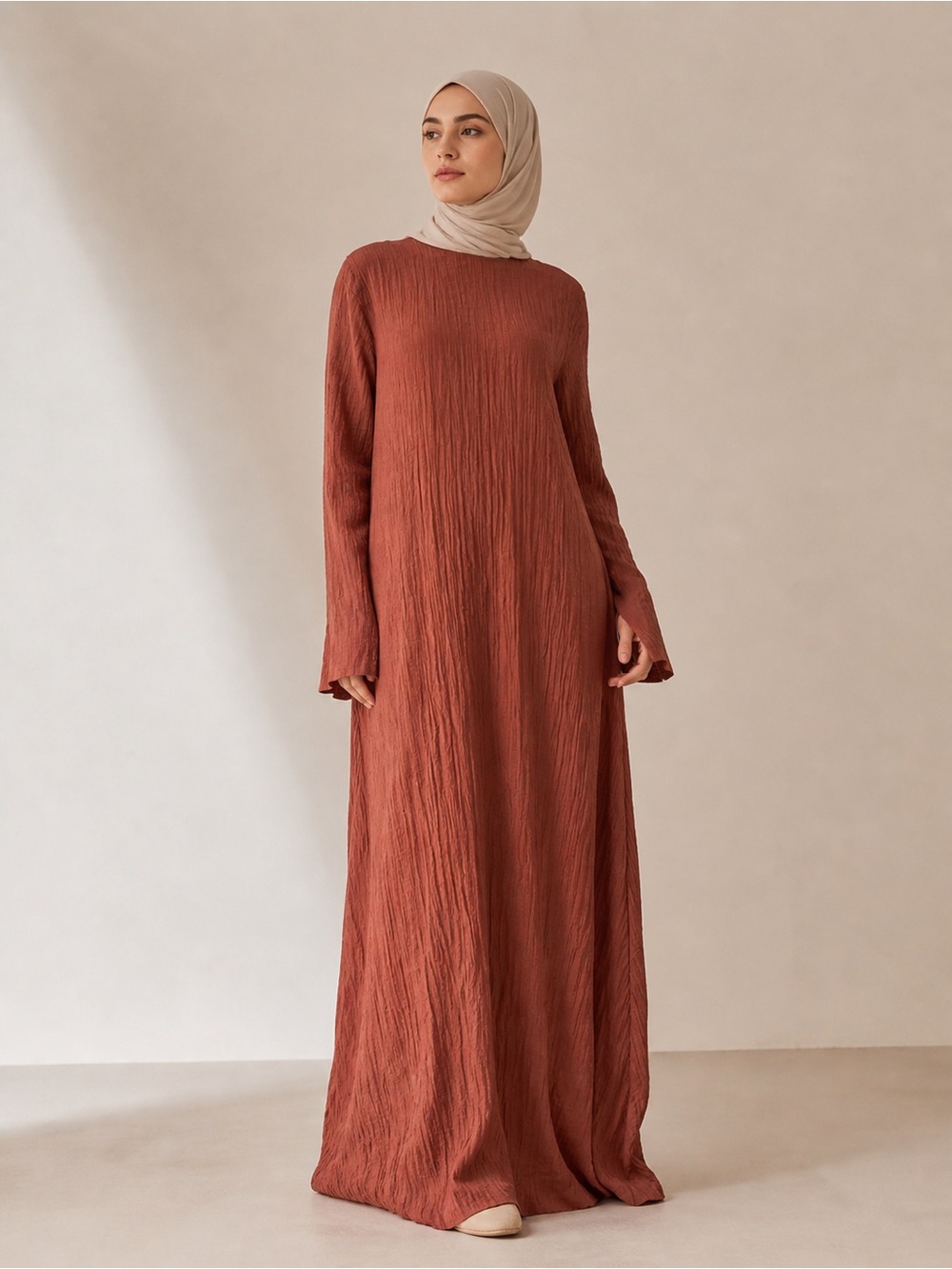 Veiled New York Textured Rust Maxi Dress | Modest Long Sleeve size Medium
